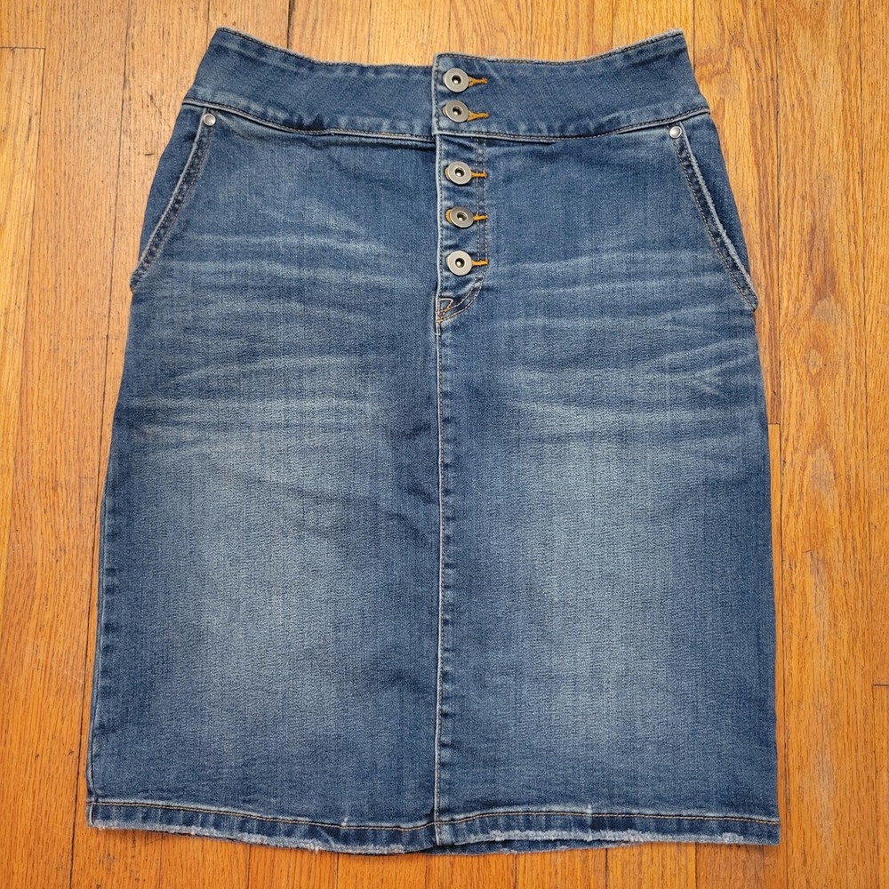 Prana 4 Denim Skirt Blue Jean Button Fly AUBREY Coastal Summer Beach High Rise